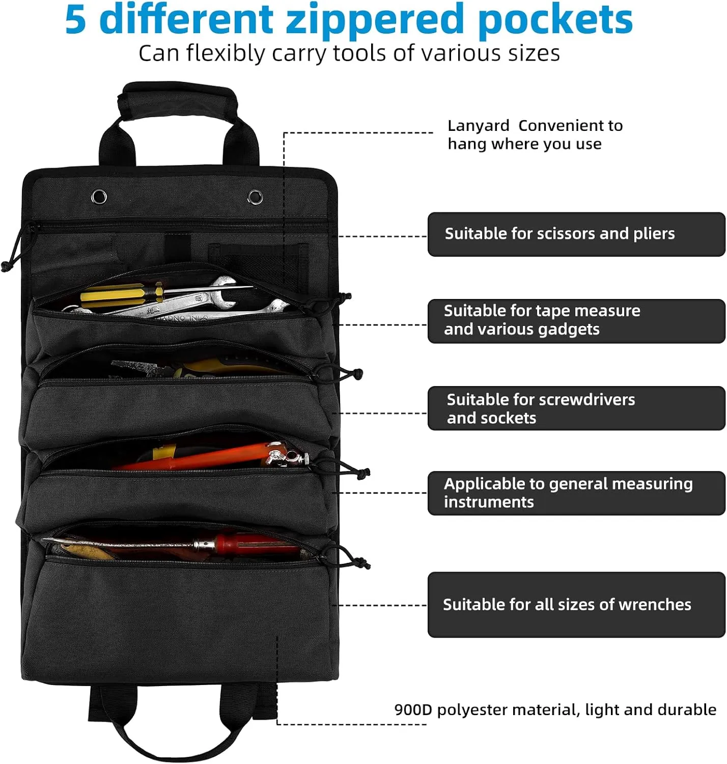 Roll Up Tool Bag, Koolertron 4 Zippers Water Resistant Wrench Tool Organizer, 900D Oxford Cloth Multi Pockets Storage for Mechanic/Electrician, Ideal Gift for Him, Black