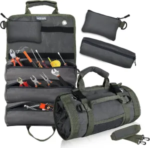 Roll Up Tool Bag Organizer and Storage, Tool Roll Pouch with Detachable Pouche, Tool Roll Up Bag with Adjustable Shoulder Strap, Rolling Tool Bag for Mechanic Electrician Motorcycle Truck