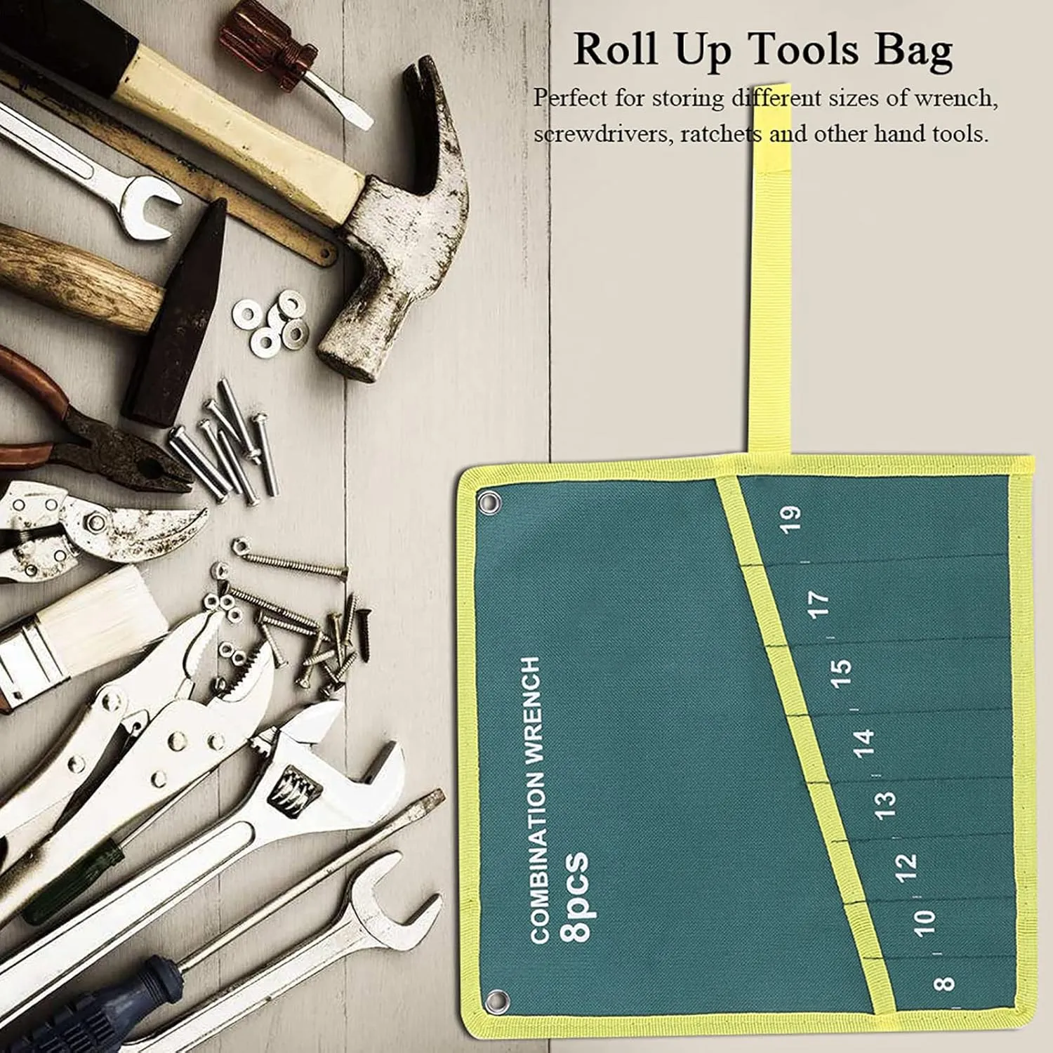 Roll Up Tools Storage Bag,8/10/14/25 Multi Pocket Canvas Spanner Plier Holder for Woodworker Handymen Craftsmen