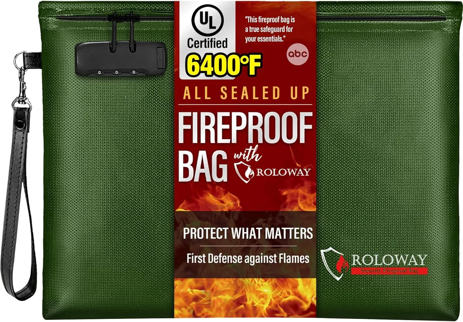 ROLOWAY Fireproof Document Bag (14.5 x 11.5 inch), 6400℉ Fireproof Money Bag with Zipper for Cash, Fire Safe Smell Proof Money Pouch with Lock (Green)
