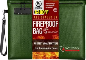ROLOWAY Fireproof Document Bag (14.5 x 11.5 inch), 6400℉ Fireproof Money Bag with Zipper for Cash, Fire Safe Smell Proof Money Pouch with Lock (Green)