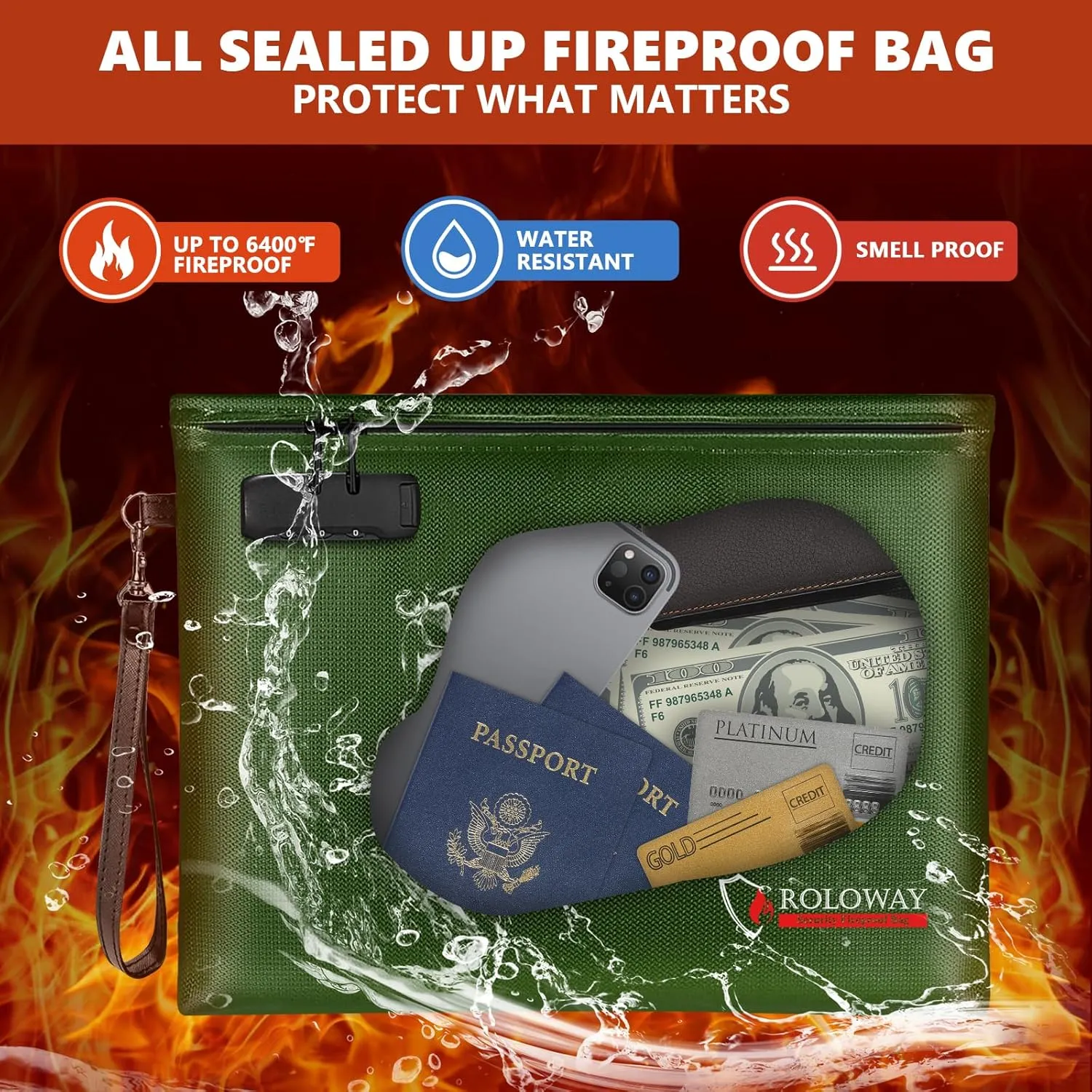 ROLOWAY Fireproof Document Bag (14.5 x 11.5 inch), 6400℉ Fireproof Money Bag with Zipper for Cash, Fire Safe Smell Proof Money Pouch with Lock (Green)