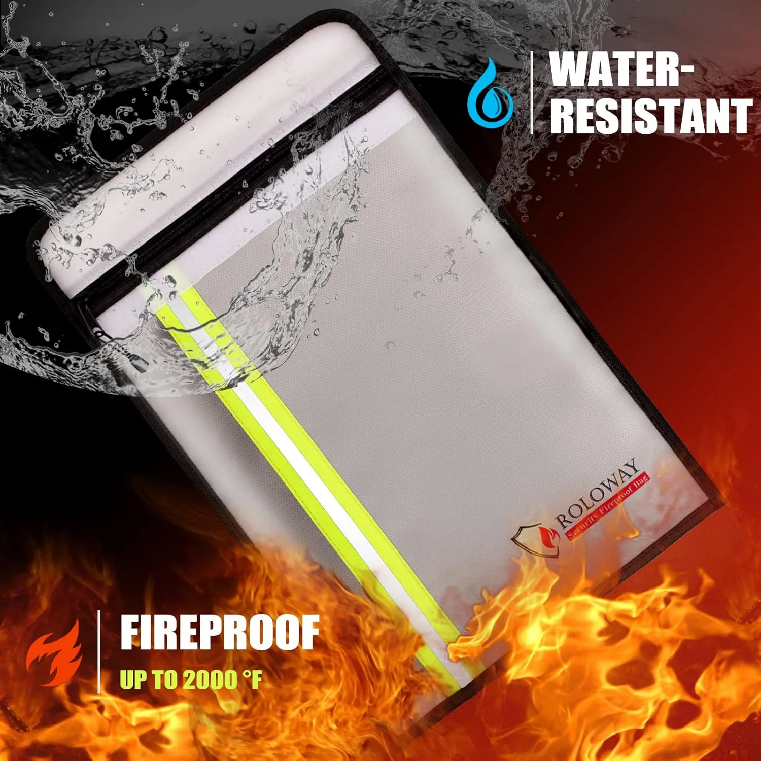 ROLOWAY Fireproof Document Bag (15 x 11 inch) with 2 Pockets & Waterproof Zipper, Fireproof Money Bag, Fire Safe Bag with Reflective Strip, Fireproof Envelope for Cash, Legal Documents Safe (Silver)