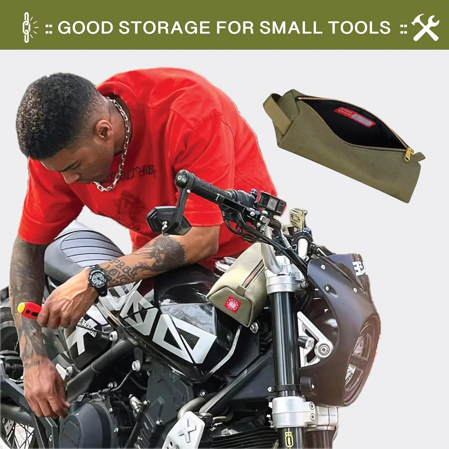 Rough Enough Small Tool Pouch Bag Canvas for Motorcycle Bike Accessories Storage Organizer with Zipper Handle Army Green