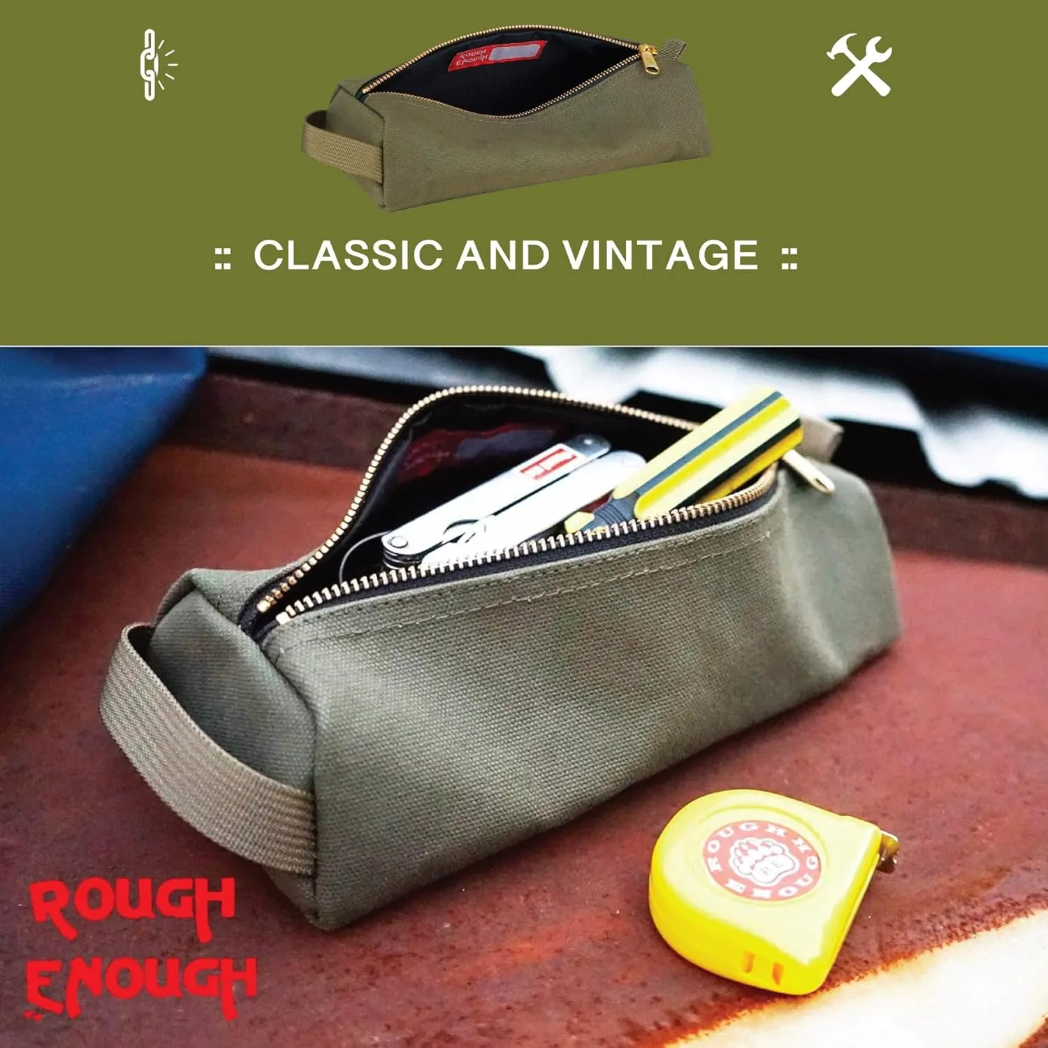 Rough Enough Small Tool Pouch Bag Canvas for Motorcycle Bike Accessories Storage Organizer with Zipper Handle Army Green
