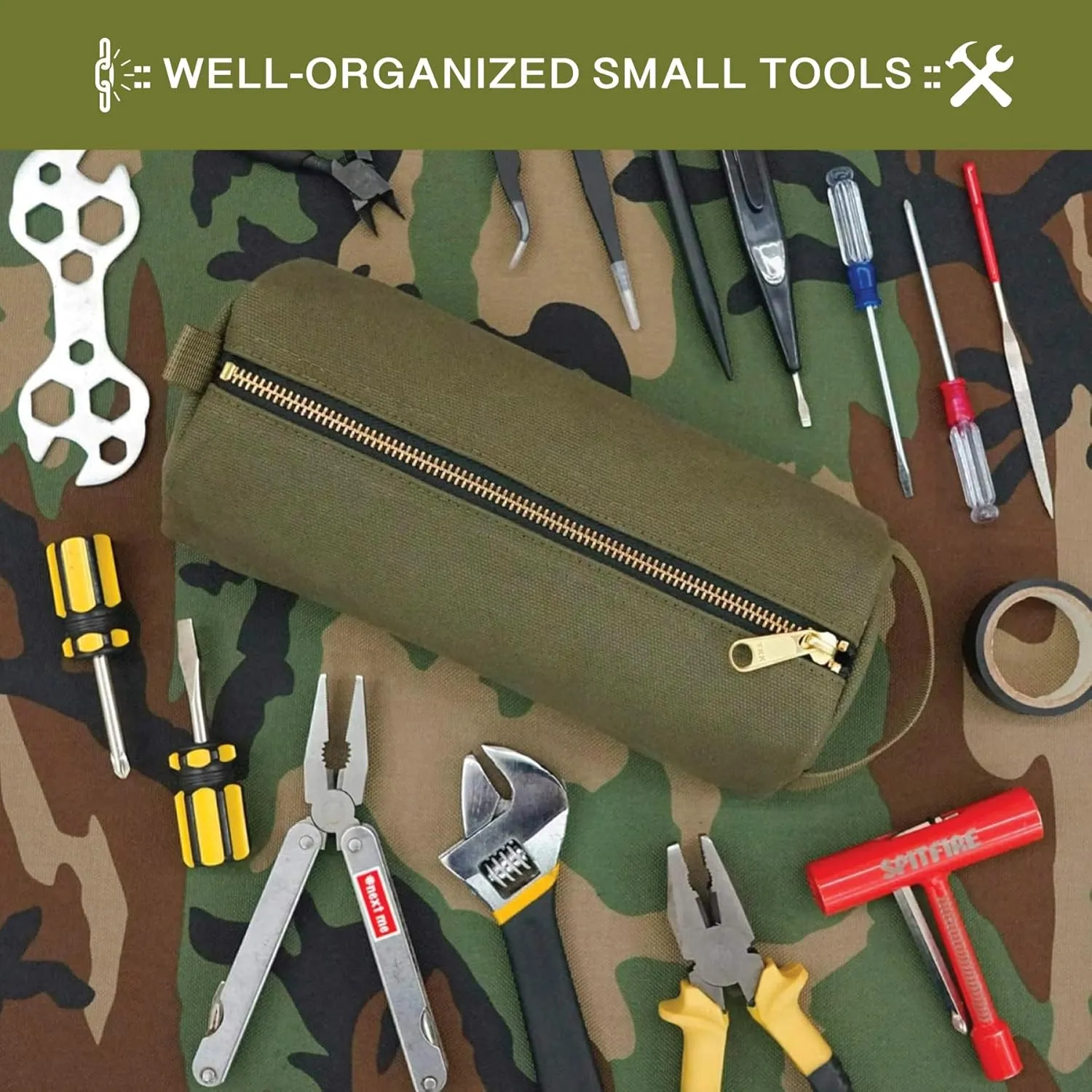 Rough Enough Small Tool Pouch Bag Canvas for Motorcycle Bike Accessories Storage Organizer with Zipper Handle Army Green