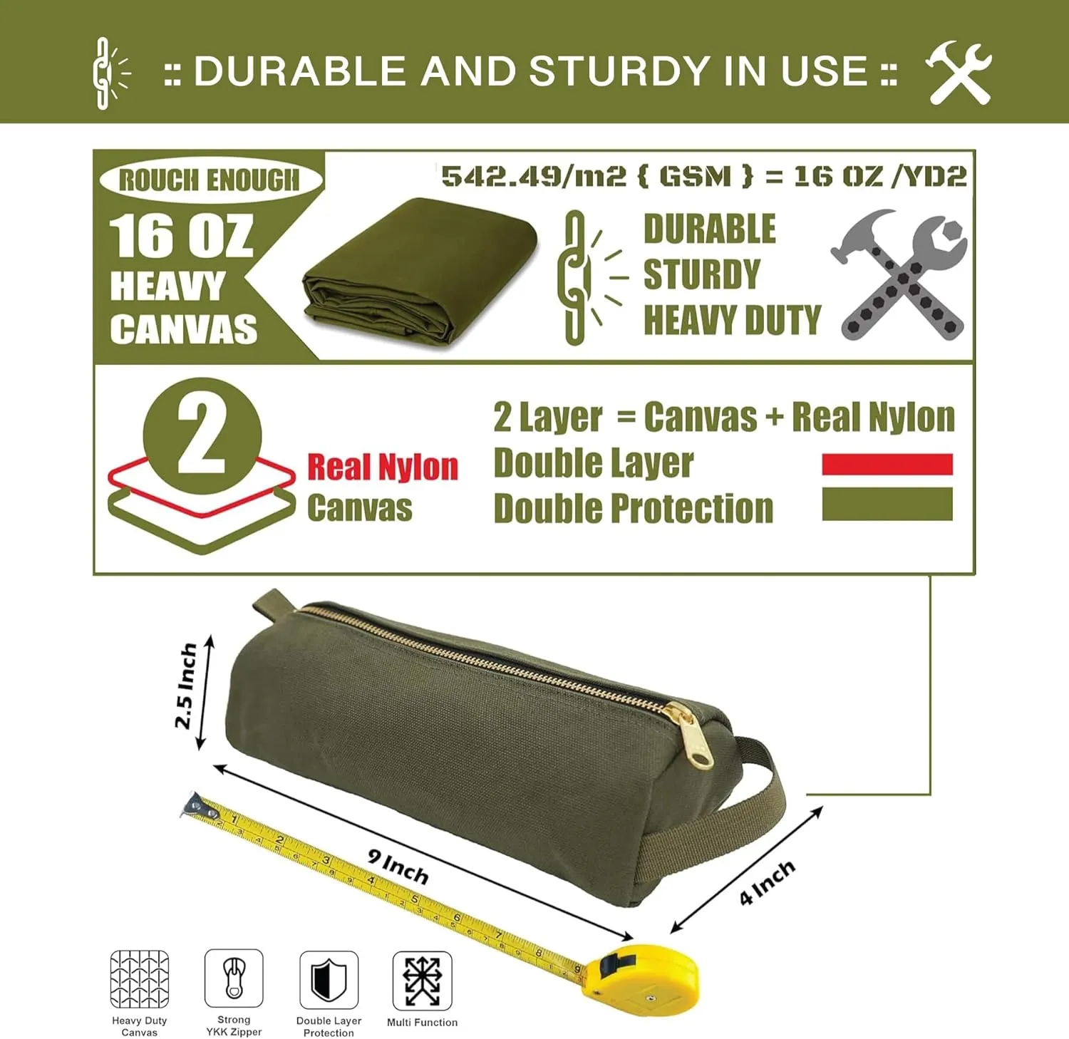 Rough Enough Small Tool Pouch Bag Canvas for Motorcycle Bike Accessories Storage Organizer with Zipper Handle Army Green