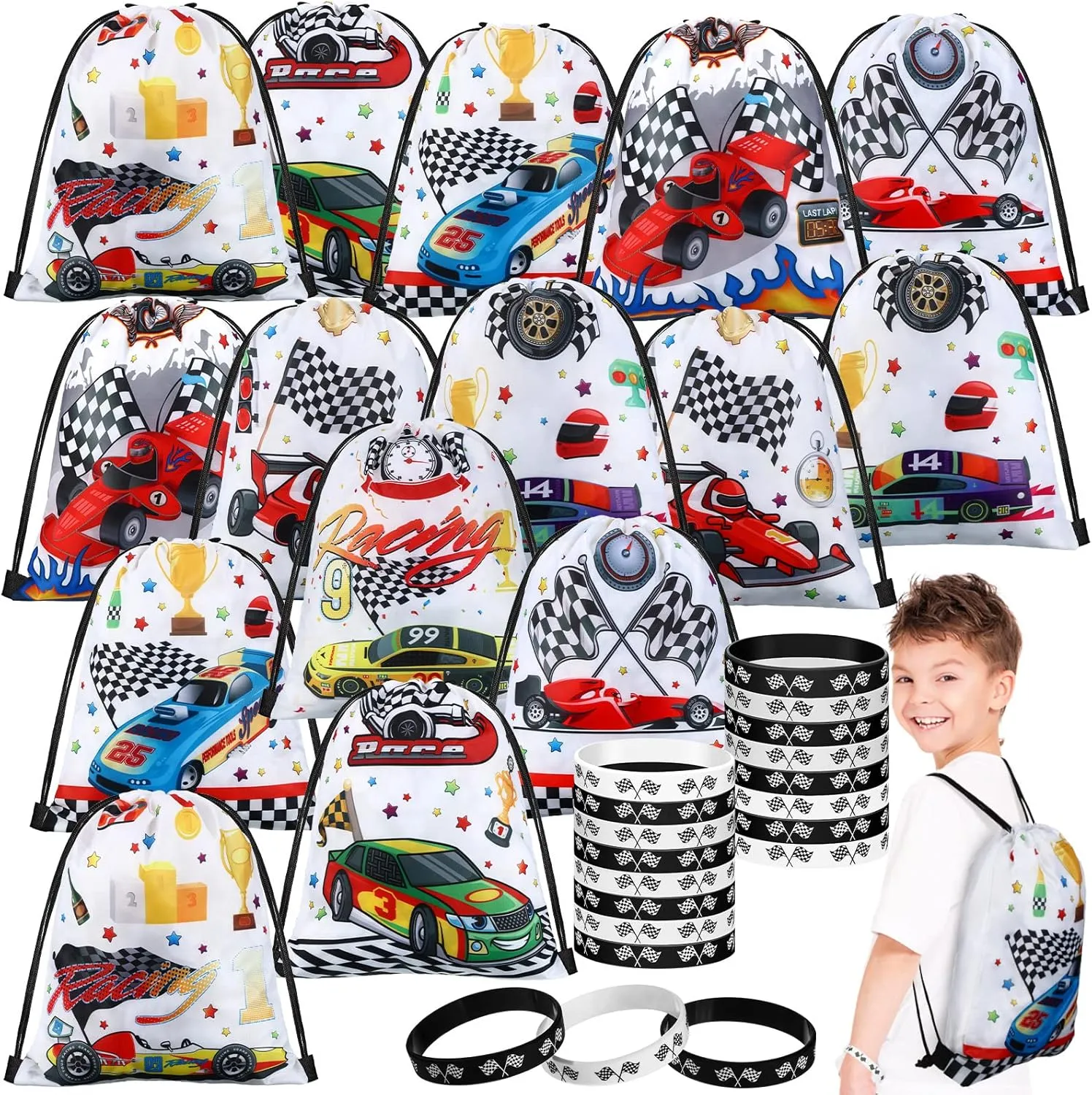 Sadnyy 32 Pcs Race Car Party Favors Include 16 Racing Drawstring Bags and 16 Silicone Wristband, Checkered Flag Goodie Bags for Birthday Party Supplies