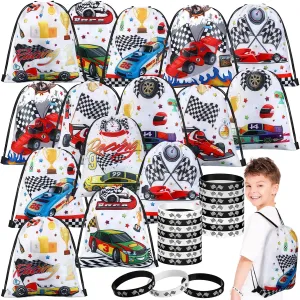 Sadnyy 32 Pcs Race Car Party Favors Include 16 Racing Drawstring Bags and 16 Silicone Wristband, Checkered Flag Goodie Bags for Birthday Party Supplies