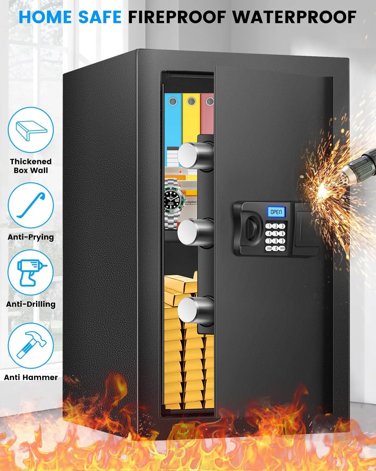 Safe Box, 3.2 Cuft Fireproof Home Safe with Fireproof Waterproof Bag, Anti-Theft Digital Security Safes with Smart Alert System, Removable Shelf, Mute Function, Document Safes for Money Jewelry