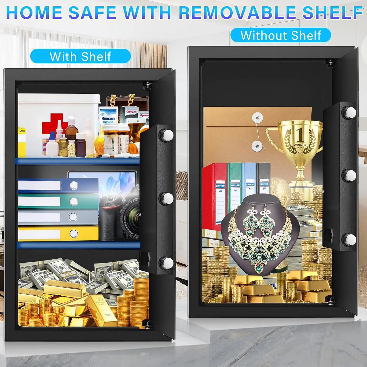 Safe Box, 5.5 Cuft Fireproof Home Safe with Fireproof Waterproof Bag, Anti-Theft Digital Security Safes with Smart Alert System, Removable Shelf, Mute Function, Document Safes for Money Jewelry