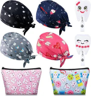 Saintrygo 8 Pcs Dental Gifts Set Include 4 Dental Scrub Caps Women with Button 2 Teeth Cosmetic Bags for Women 2 Felt Tooth Shape Badge Holders Makeup Bags Nurse Hair Cover Retractable Badge Reel