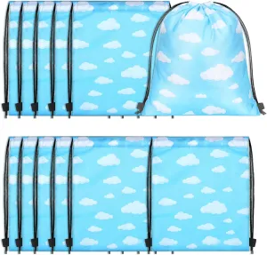 Sanwuta 12 Pieces Clouds Drawstring Bags Cartoon Story Gift Pouch Blue White Sky Drawstring Backpacks Goodie Storage Pouches for Cartoon Party Favors Kids Girls Birthday Party Travel Supplies