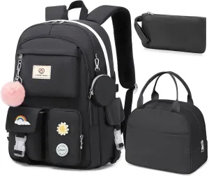 School Backpack For Girls - 6pcs Cute Girls Backpack With Lunch Box Set For Teens Women College Middle High School - 18″ School Bookbag Travel Back Pack