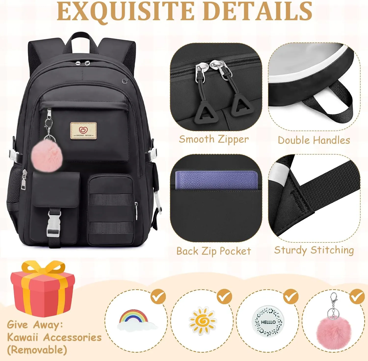 School Backpack For Girls - 6pcs Cute Girls Backpack With Lunch Box Set For Teens Women College Middle High School - 18″ School Bookbag Travel Back Pack