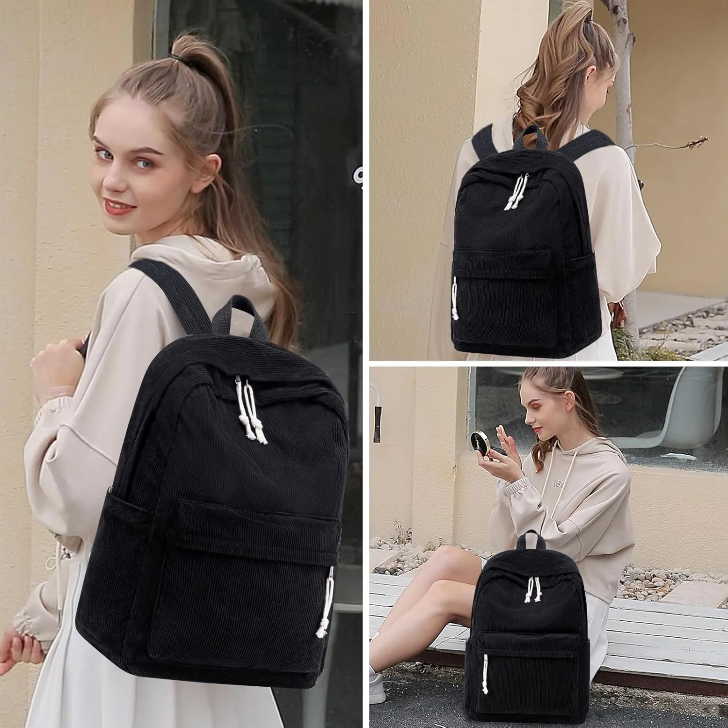 School Backpack for Teens Large Corduroy Bookbag Lightweight 17 inch Laptop Bag for Girls Boys Casual High School College (Corduroy-Black)