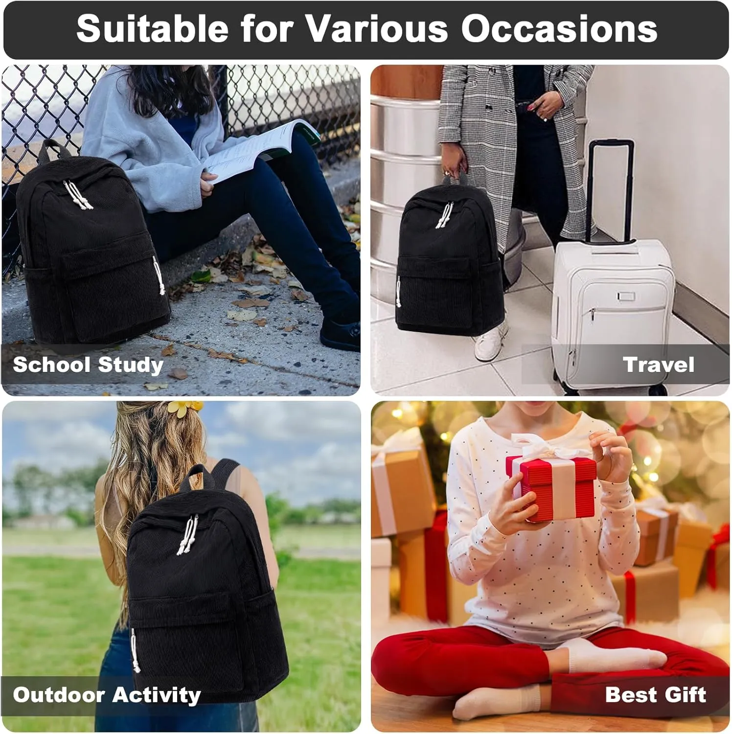 School Backpack for Teens Large Corduroy Bookbag Lightweight 17 inch Laptop Bag for Girls Boys Casual High School College (Corduroy-Black)