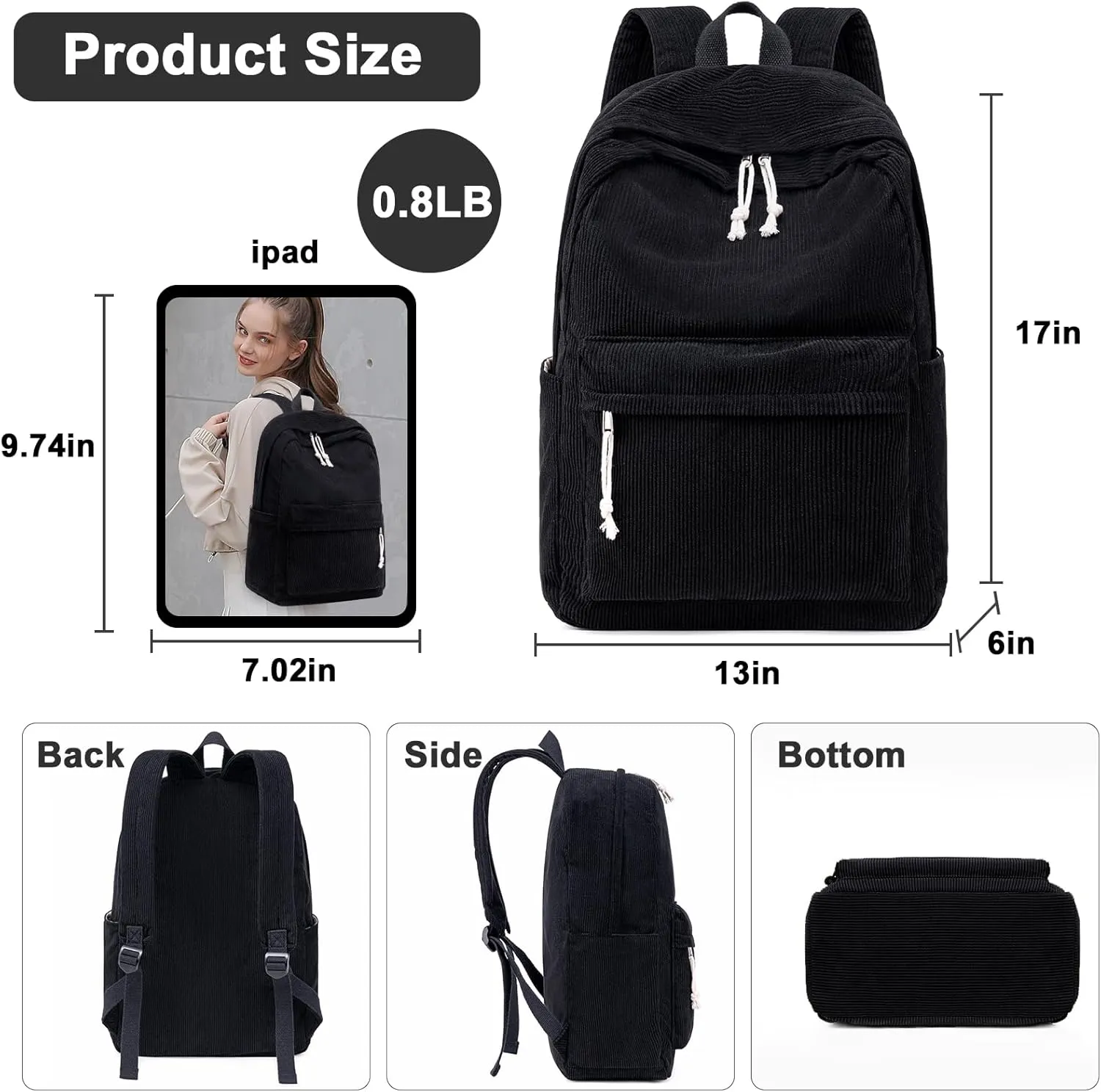 School Backpack for Teens Large Corduroy Bookbag Lightweight 17 inch Laptop Bag for Girls Boys Casual High School College (Corduroy-Black)