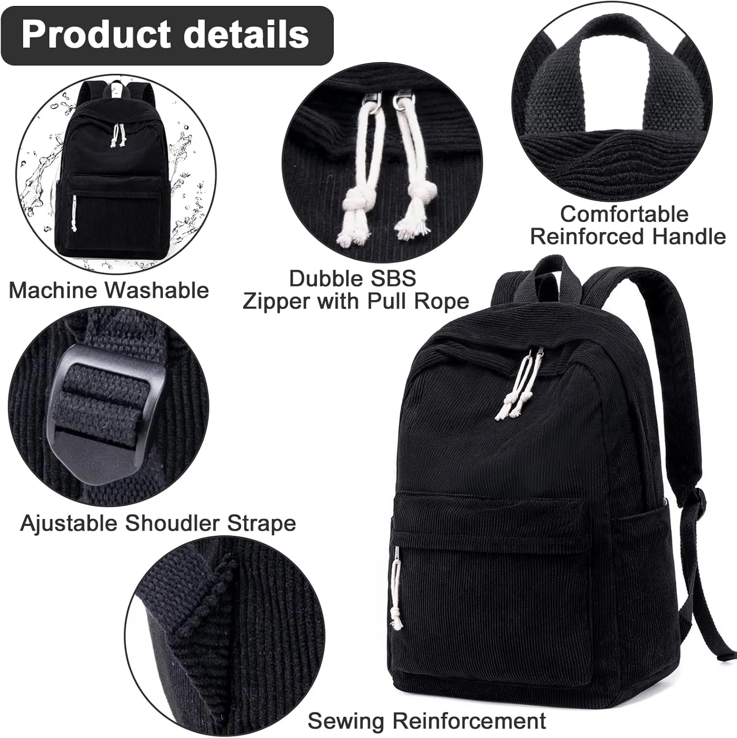 School Backpack for Teens Large Corduroy Bookbag Lightweight 17 inch Laptop Bag for Girls Boys Casual High School College (Corduroy-Black)