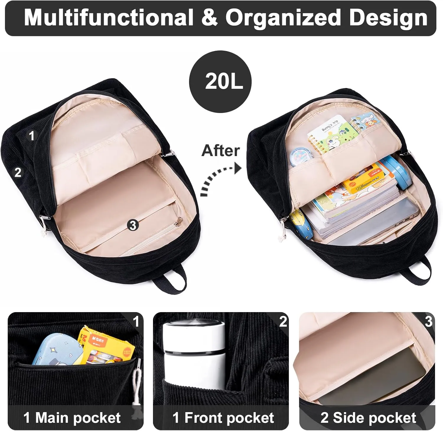 School Backpack for Teens Large Corduroy Bookbag Lightweight 17 inch Laptop Bag for Girls Boys Casual High School College (Corduroy-Black)