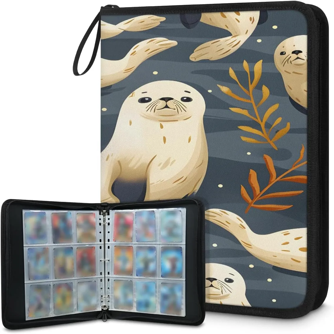 Sea Lions 3 Ring Trading Zipper Binder Strap, Trading Card Binder 9 Pocket, 900 Pockets Card Holder with 50 Removable Sleeves for Game Cards