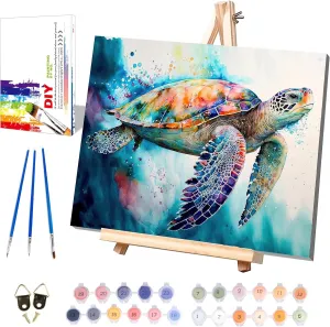 Sea Turtle Paint by Numbers for Adults with Framed Canvas-with Wooden Easel,Turtle Paint by Number on Canvas,DIY Acrylic Oil Painting Kits with Brushes Nice Gift Box for Home Wall Decor(12x16inch)