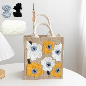 SEHX Punch Needle Kit for Beginners, Complete Embroidery Tote Bag Embroidery Kits Tool with Needle Fabric Hoops Yarns for Kids Adults Beginner (Yellow and White Flowers)