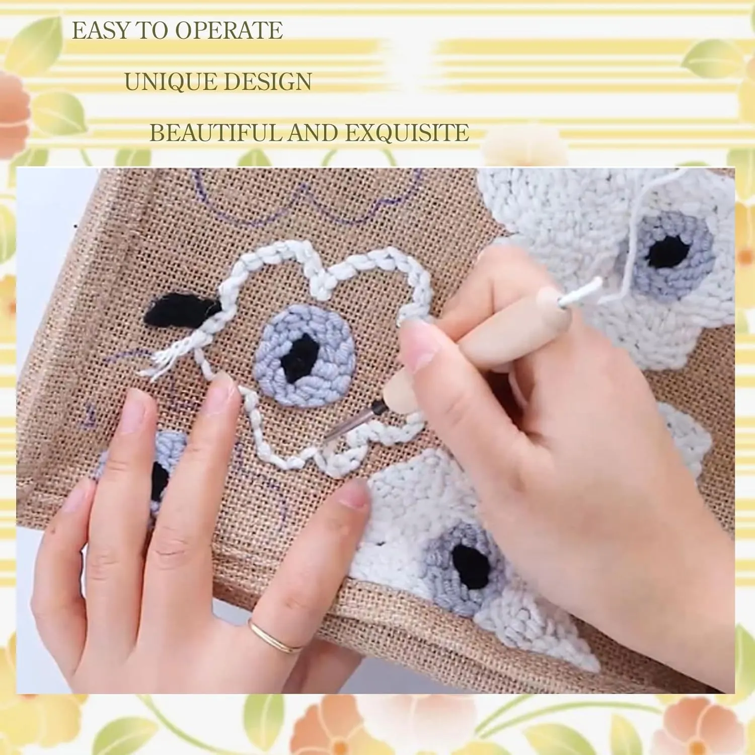 SEHX Punch Needle Kit for Beginners, Complete Embroidery Tote Bag Embroidery Kits Tool with Needle Fabric Hoops Yarns for Kids Adults Beginner (Yellow and White Flowers)