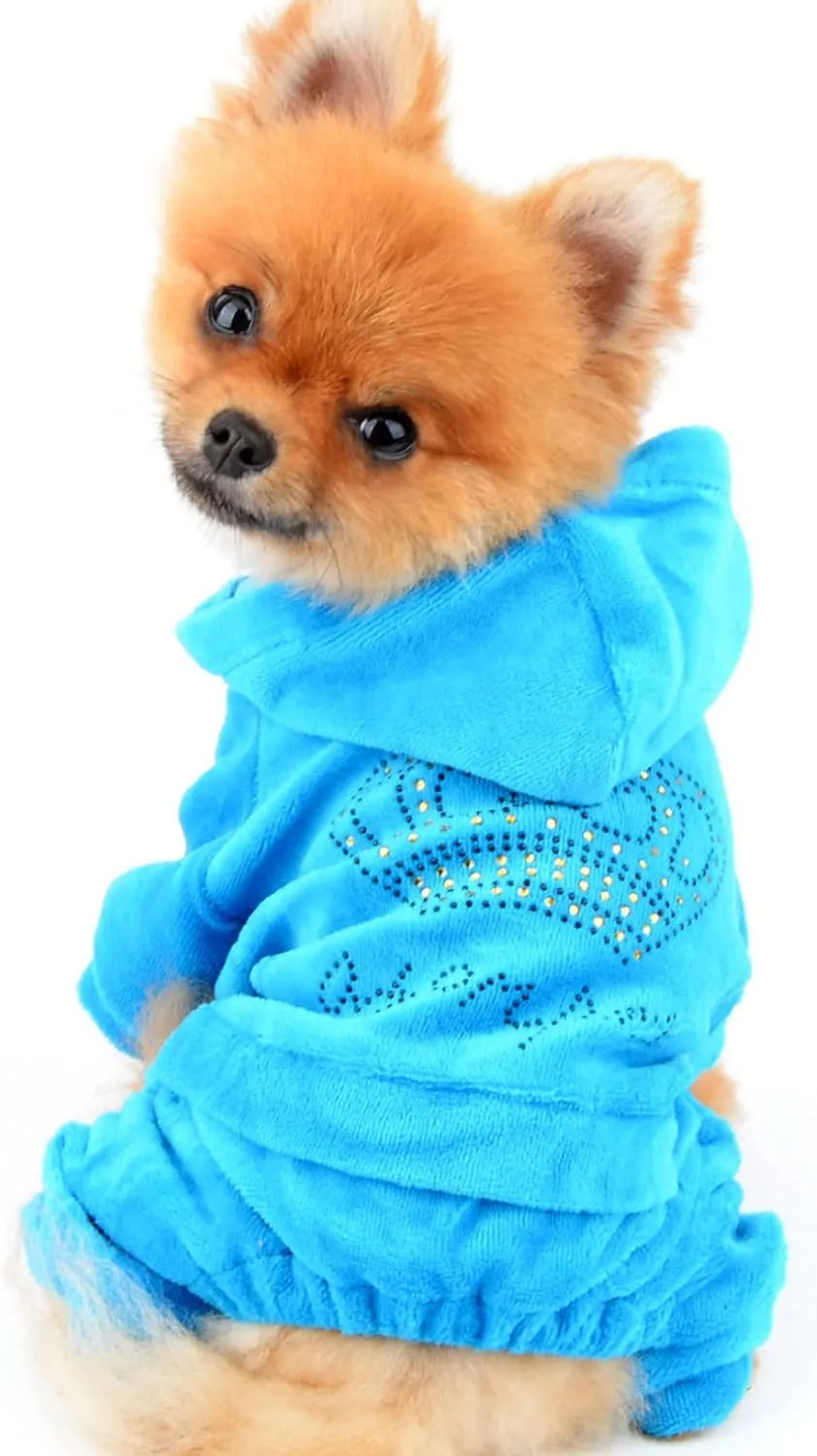 SEIMAI Dog Hoodies Jumpsuit for Small Dog Cat Puppy Rhinestone Crown Soft Velvet Autumn Winter Hooded Pajamas Tracksuit Outfits Sportswear Jacket with Hat Training Outdoor Blue L