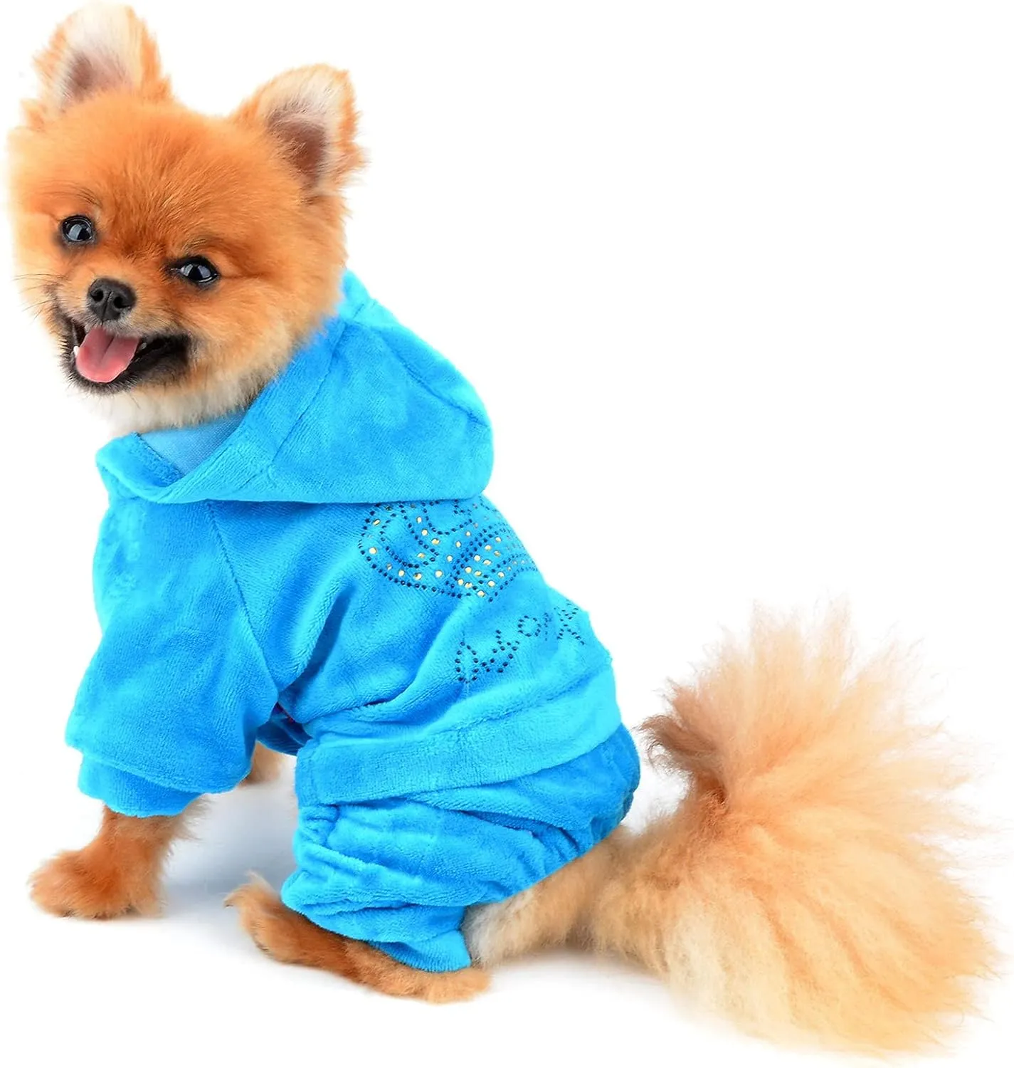 SEIMAI Dog Hoodies Jumpsuit for Small Dog Cat Puppy Rhinestone Crown Soft Velvet Autumn Winter Hooded Pajamas Tracksuit Outfits Sportswear Jacket with Hat Training Outdoor Blue L