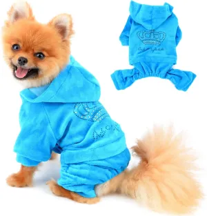 SEIMAI Dog Hoodies Jumpsuit for Small Dog Cat Puppy Rhinestone Crown Soft Velvet Autumn Winter Hooded Pajamas Tracksuit Outfits Sportswear Jacket with Hat Training Outdoor Blue L