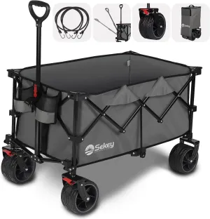 Sekey 220L Collapsible Foldable Wagon with 330lbs Weight Capacity, Heavy Duty Folding Utility Garden Cart with Big All-Terrain Beach Wheels & Drink Holders. Grey