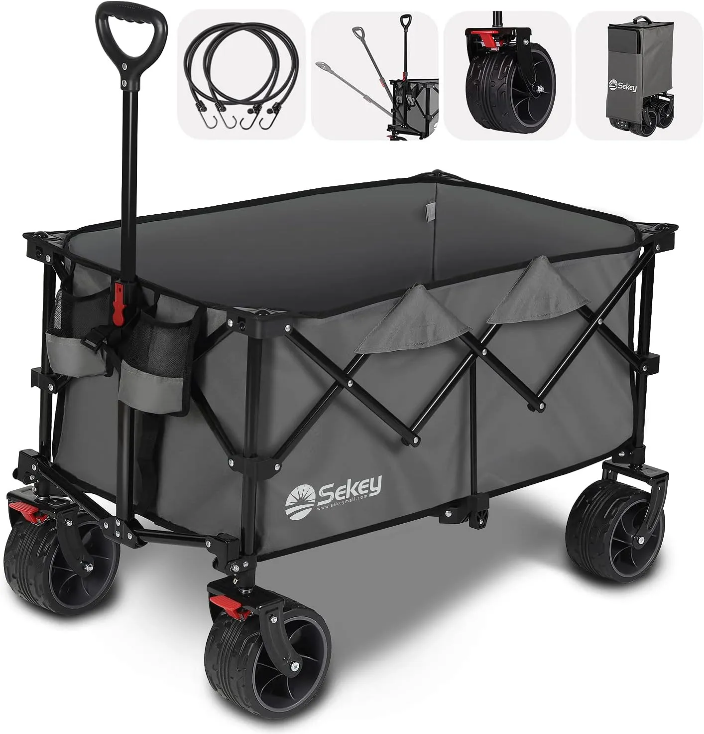 Sekey 220L Collapsible Foldable Wagon with 330lbs Weight Capacity, Heavy Duty Folding Utility Garden Cart with Big All-Terrain Beach Wheels & Drink Holders. Grey