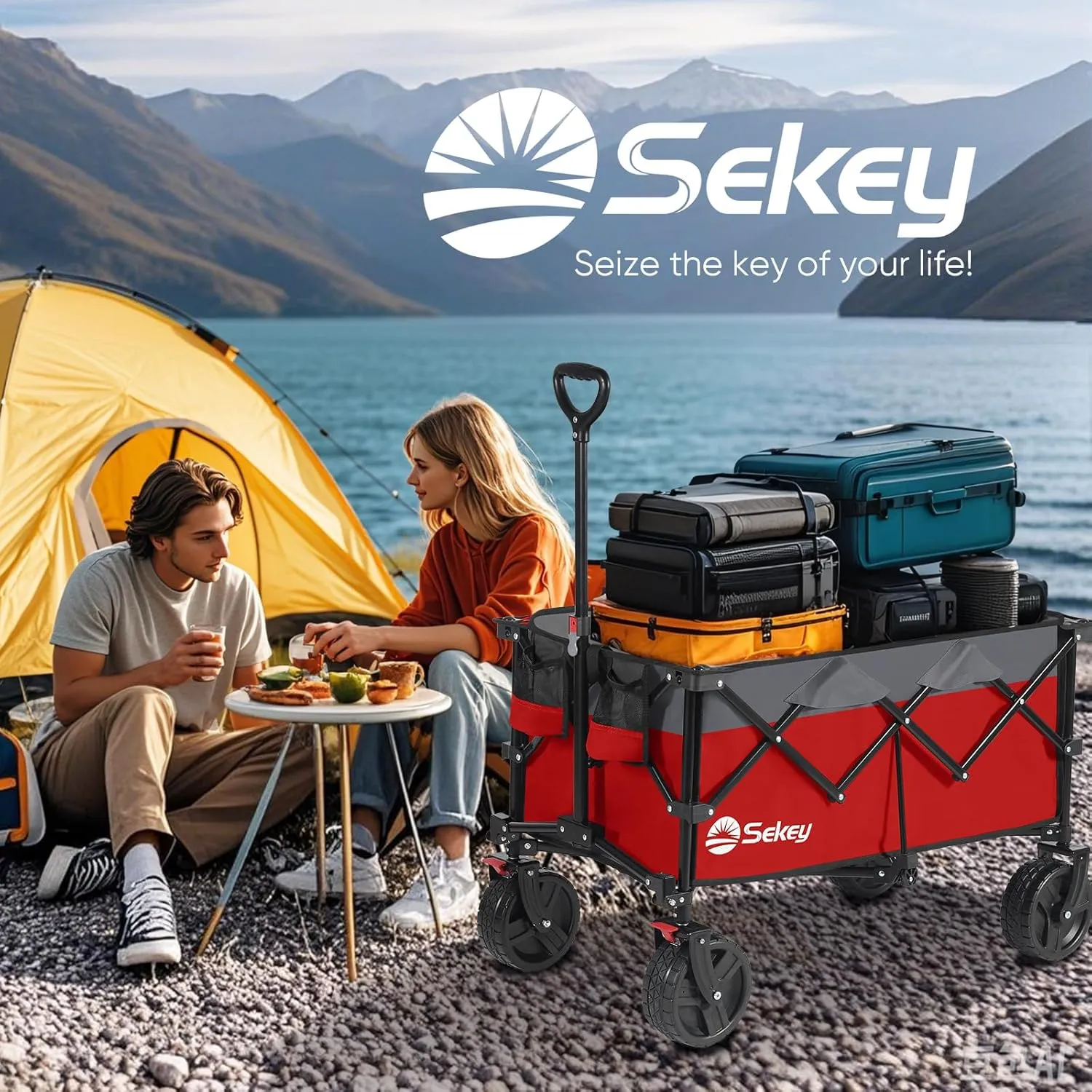 Sekey 220L Collapsible Foldable Wagon with 330lbs Weight Capacity, Heavy Duty Folding Utility Garden Cart with Big All-Terrain Beach Wheels & Drink Holders.Red&Grey
