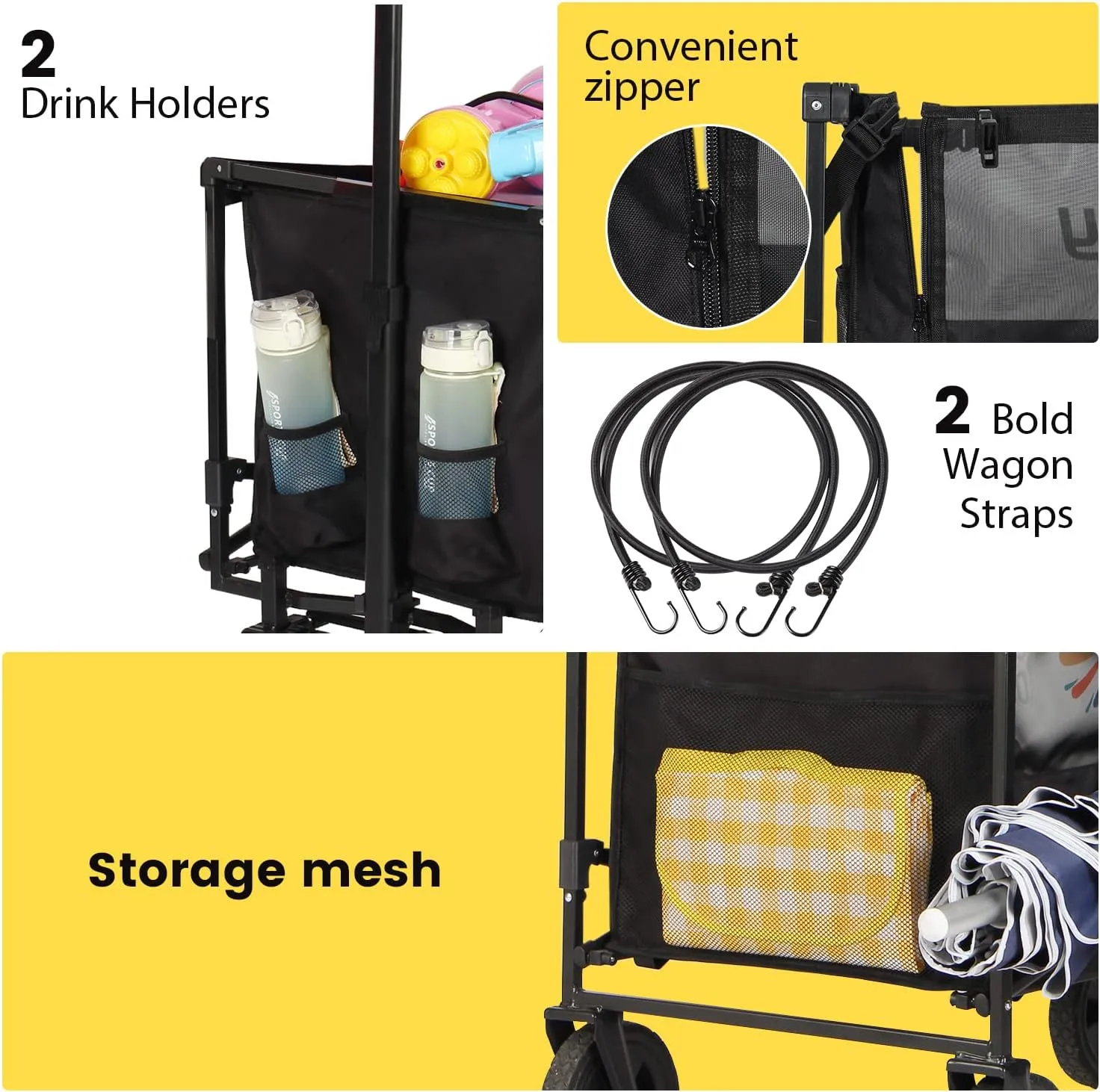 Sekey Collapsible Foldable Wagon with 330lbs Weight Capacity, Heavy Duty Folding Utility Garden Cart with Big All-Terrain Beach Wheels & Drink Holders. Black