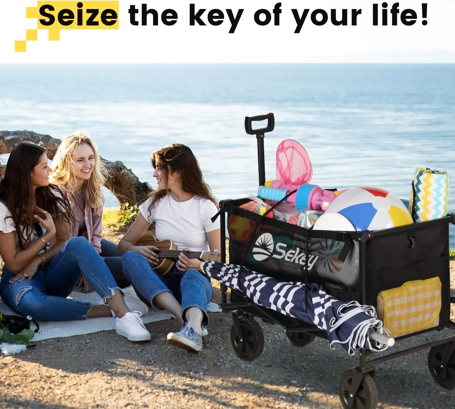 Sekey Collapsible Foldable Wagon with 330lbs Weight Capacity, Heavy Duty Folding Utility Garden Cart with Big All-Terrain Beach Wheels & Drink Holders. Black