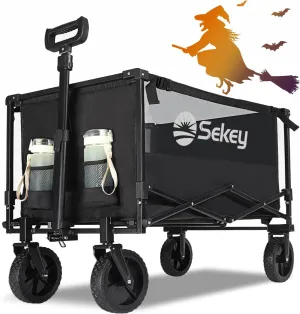 Sekey Collapsible Foldable Wagon with 330lbs Weight Capacity, Heavy Duty Folding Utility Garden Cart with Big All-Terrain Beach Wheels & Drink Holders. Black