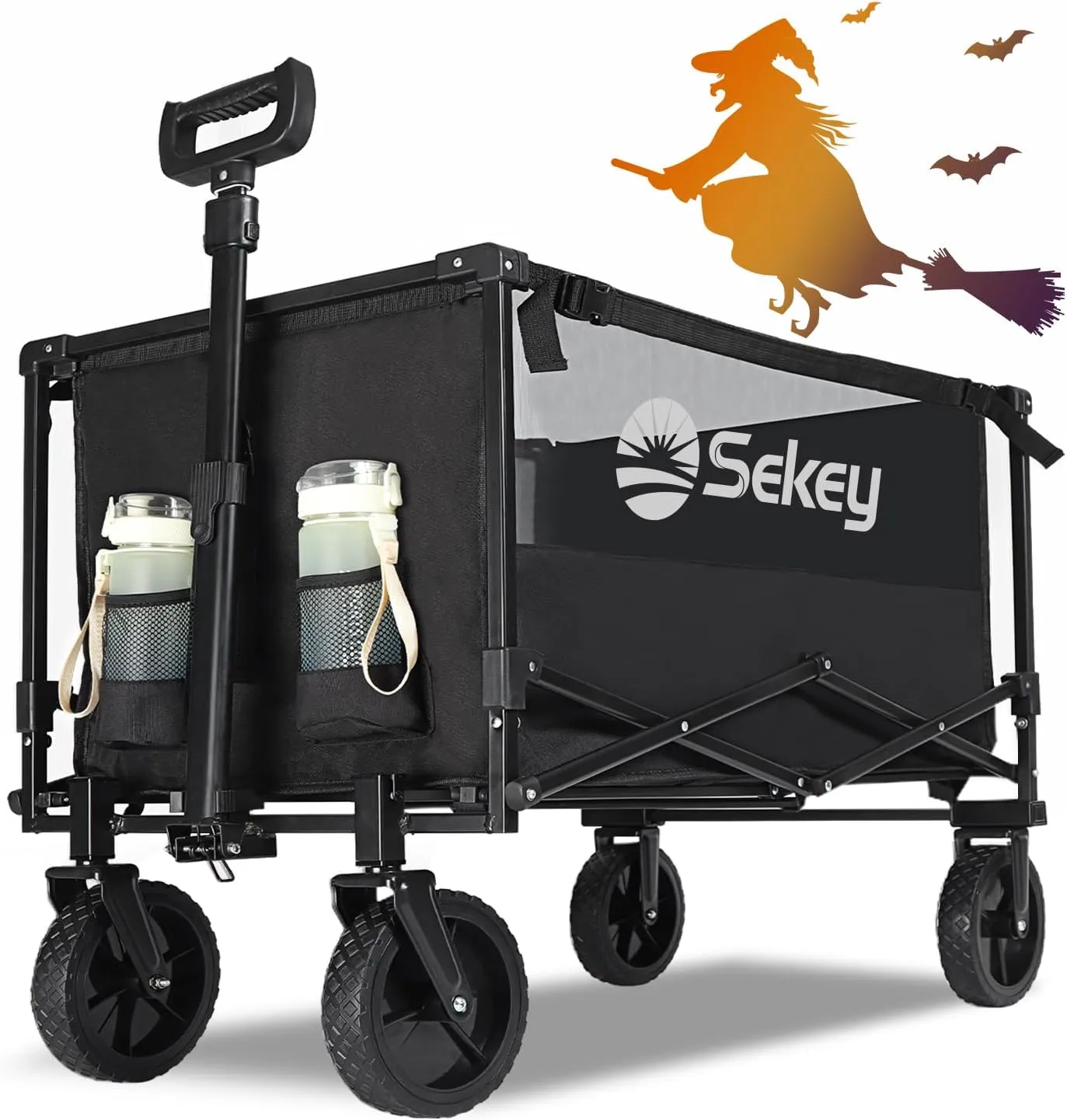 Sekey Collapsible Foldable Wagon with 330lbs Weight Capacity, Heavy Duty Folding Utility Garden Cart with Big All-Terrain Beach Wheels & Drink Holders. Black
