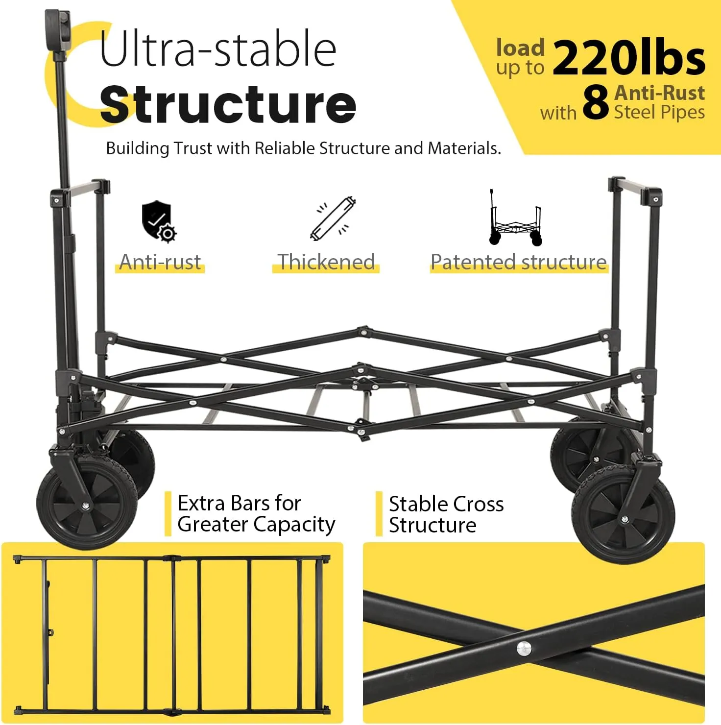 Sekey Collapsible Foldable Wagon with 330lbs Weight Capacity, Heavy Duty Folding Utility Garden Cart with Big All-Terrain Beach Wheels & Drink Holders. Black