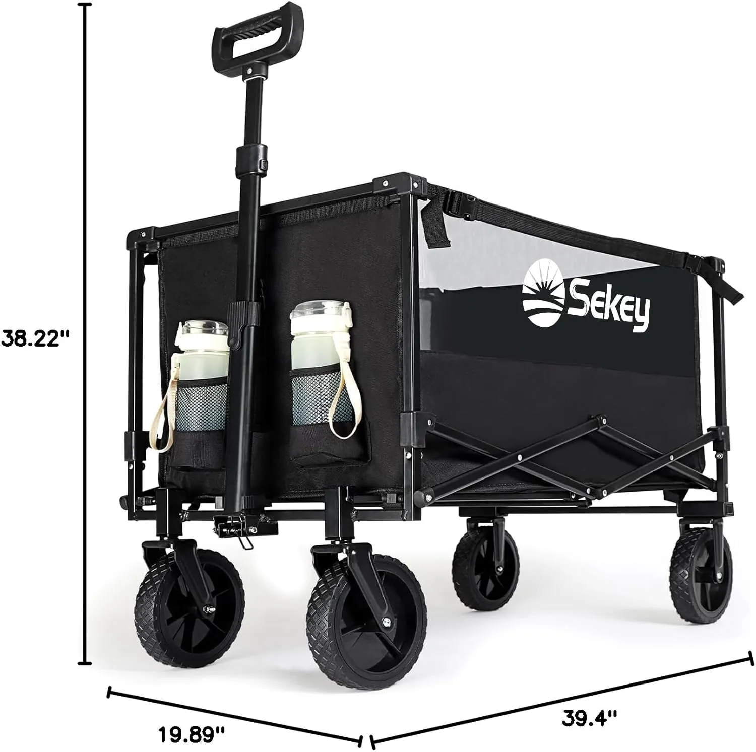 Sekey Collapsible Foldable Wagon with 330lbs Weight Capacity, Heavy Duty Folding Utility Garden Cart with Big All-Terrain Beach Wheels & Drink Holders. Black