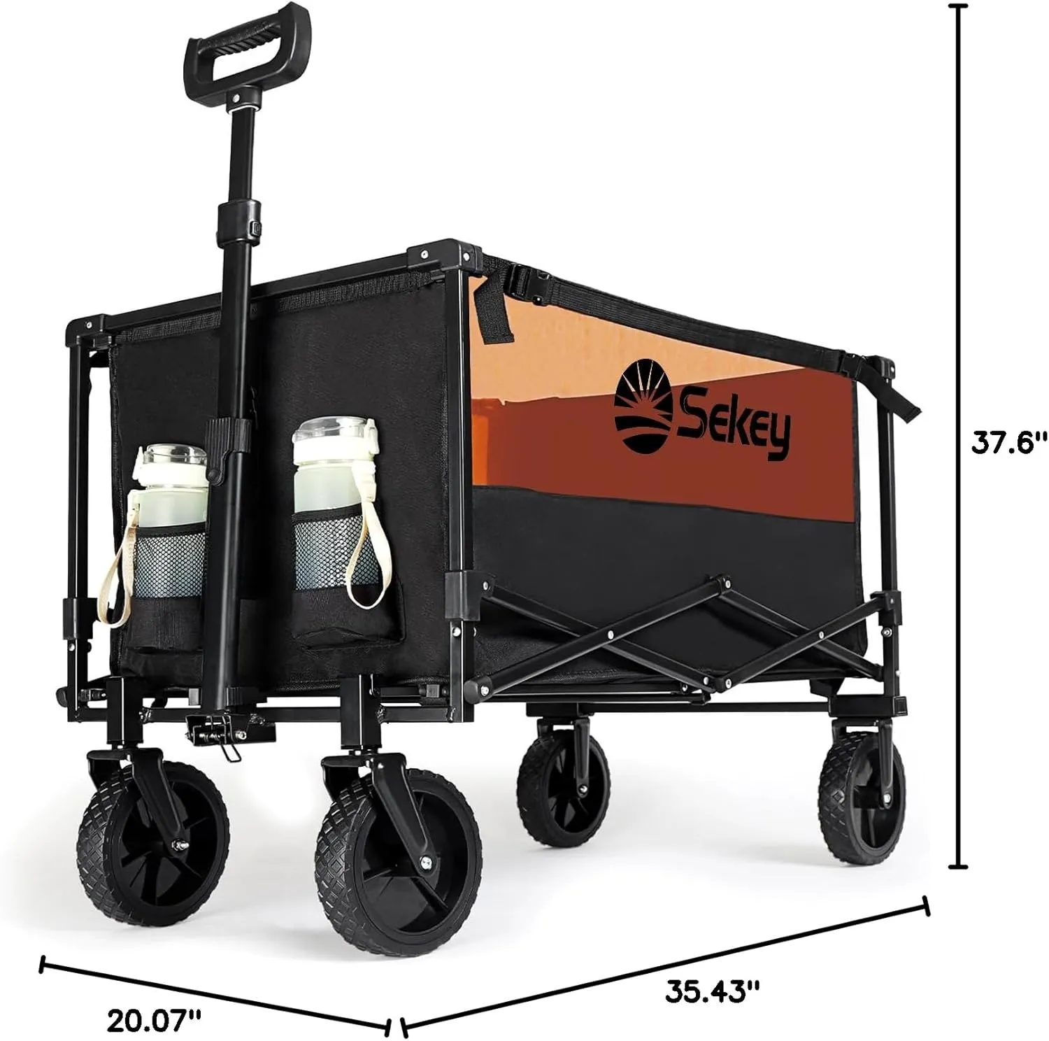 Sekey Collapsible Foldable Wagon with 330lbs Weight Capacity, Heavy Duty Folding Utility Garden Cart with Big All-Terrain Beach Wheels & Drink Holders. Black&Orange
