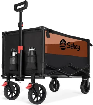 Sekey Collapsible Foldable Wagon with 330lbs Weight Capacity, Heavy Duty Folding Utility Garden Cart with Big All-Terrain Beach Wheels & Drink Holders. Black&Orange