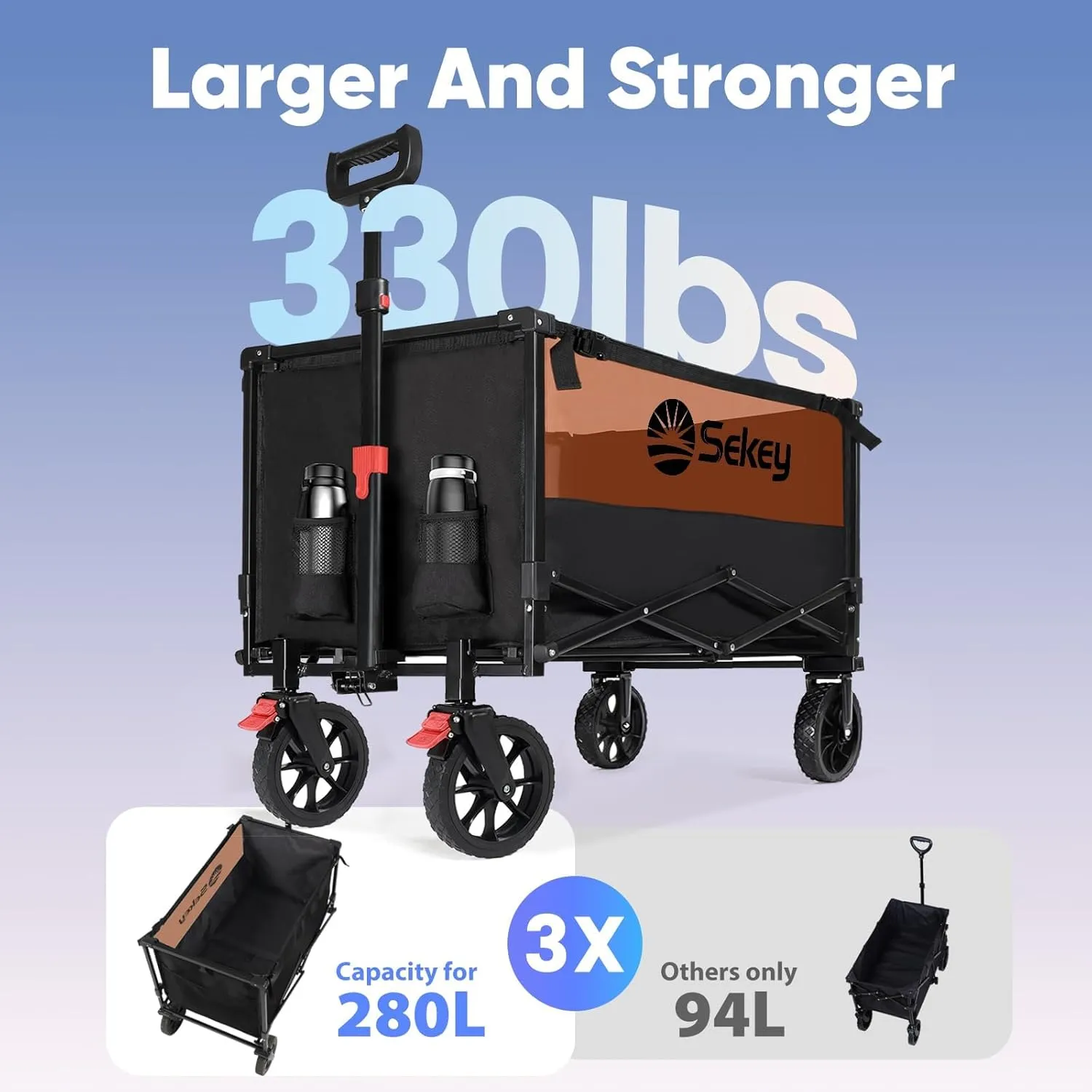 Sekey Collapsible Foldable Wagon with 330lbs Weight Capacity, Heavy Duty Folding Utility Garden Cart with Big All-Terrain Beach Wheels & Drink Holders. Black&Orange
