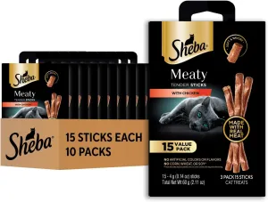 Sheba Meaty Tender Sticks Soft Cat Treats with Chicken, 0.14 oz., 15, Pack of 10 (150 Sticks Total)
