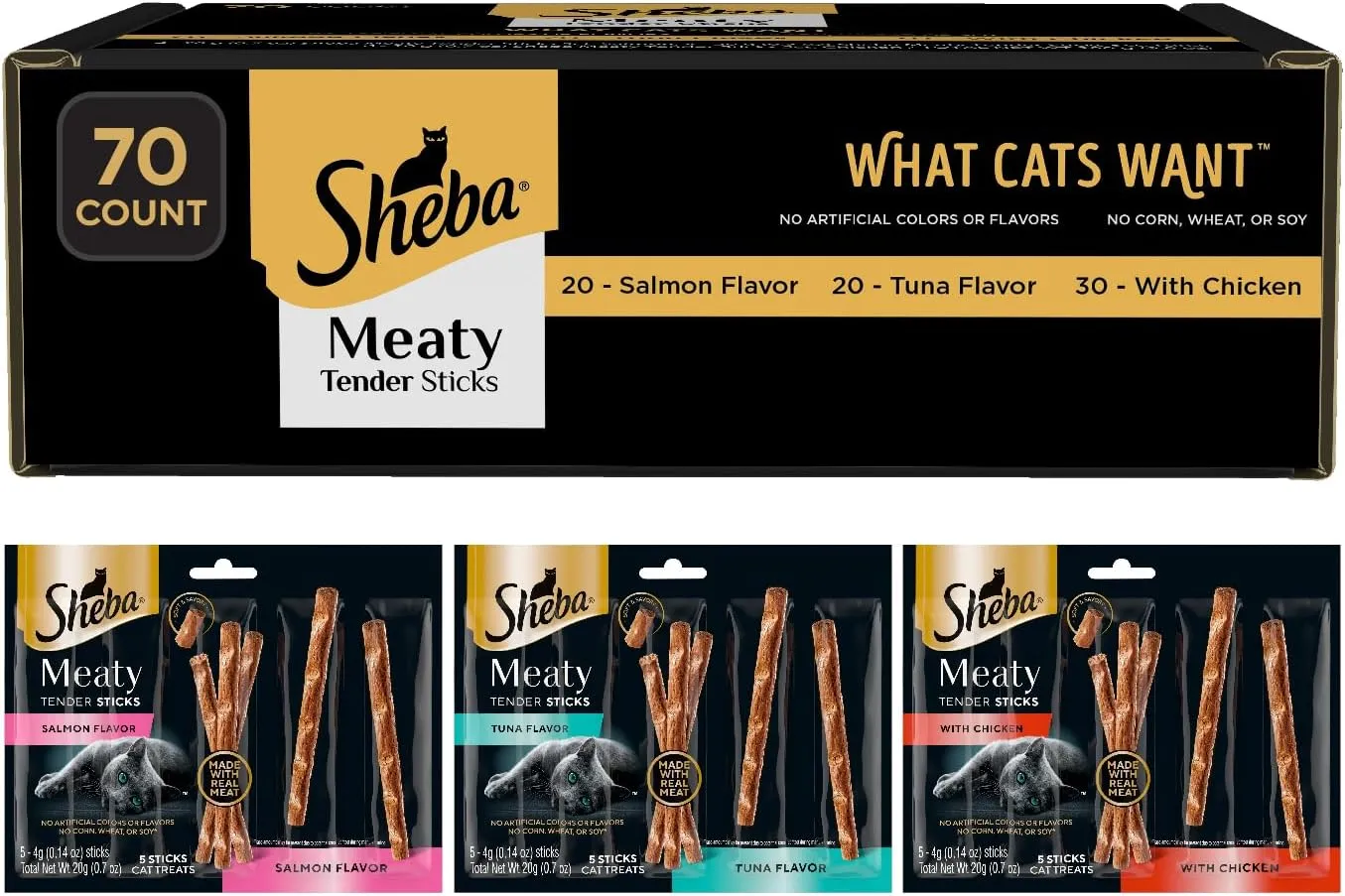 Sheba Meaty Tender Sticks Soft Cat Treats with Chicken, Tuna Flavor, and Salmon Flavor, 0.14 oz., 70 Count