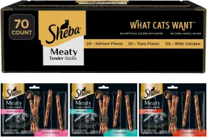 Sheba Meaty Tender Sticks Soft Cat Treats with Chicken, Tuna Flavor, and Salmon Flavor, 0.14 oz., 70 Count
