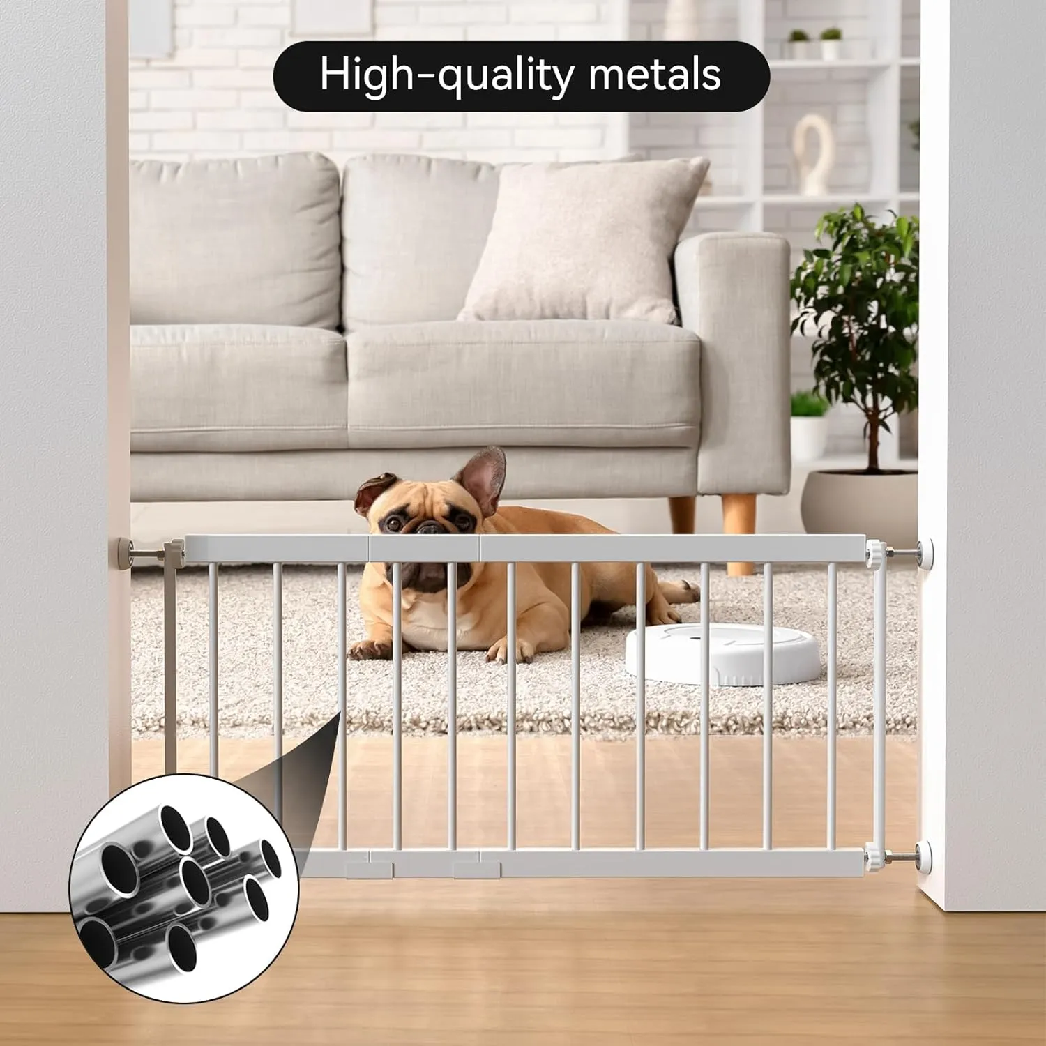 Short Dog Gate Indoor - MOOECKOM 13" Tall Small Dog Gate 18"-36'' Width Expandable,Easily Step Over with 2 Extension Kits - Pressure Mounted for Doorways Stairs