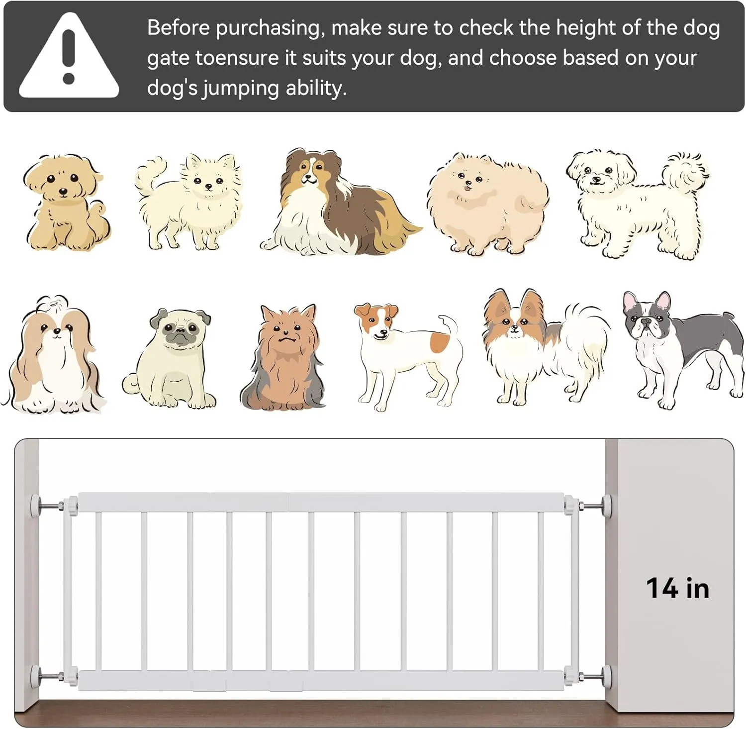 Short Dog Gate Indoor - MOOECKOM 13" Tall Small Dog Gate 18"-36'' Width Expandable,Easily Step Over with 2 Extension Kits - Pressure Mounted for Doorways Stairs
