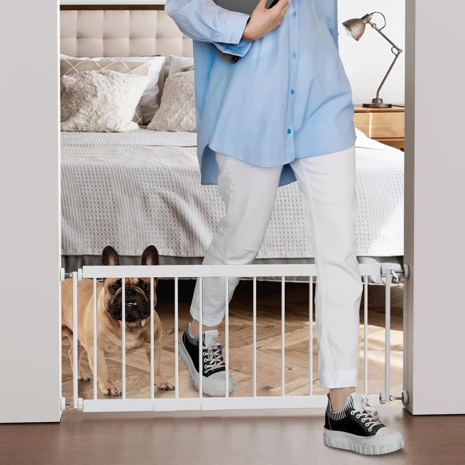 Short Dog Gate Indoor - MOOECKOM 13" Tall Small Dog Gate 18"-36'' Width Expandable,Easily Step Over with 2 Extension Kits - Pressure Mounted for Doorways Stairs