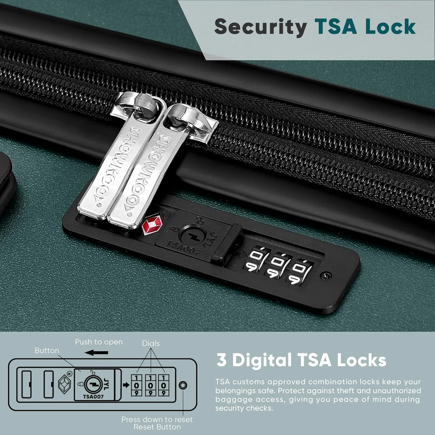 SHOWKOO Luggage Sets 3 Piece 100% PC Ultra Tough Hardside Expandable Suitcases Sets with TSA Lock Double Spinner Wheels (20in/24in/28in, Dark Green